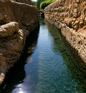 Old falaj irrigation channel flowing past cultivated terraces in Bilad Sayt