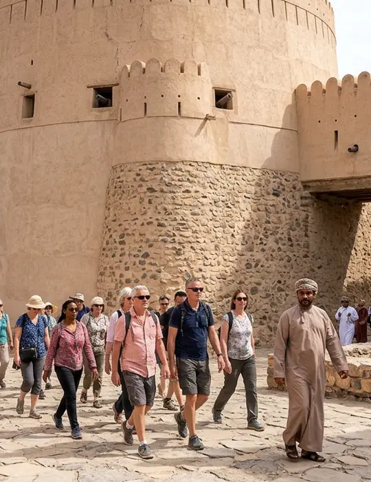 A guided group walking under the round tower of Nizwa Fort in Oman