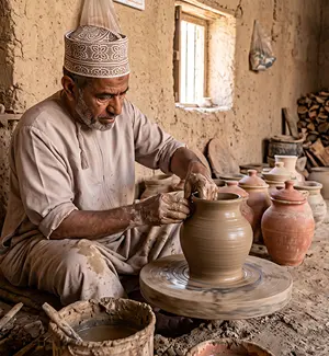 A Bahla potter shaping a clay vessel on the wheel in his workshop
