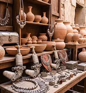 Pottery and silver pieces on display in the Bahla Souq, Oman