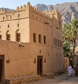 Traditional mud-brick house architecture at Bait Al Safah in Al Hamra