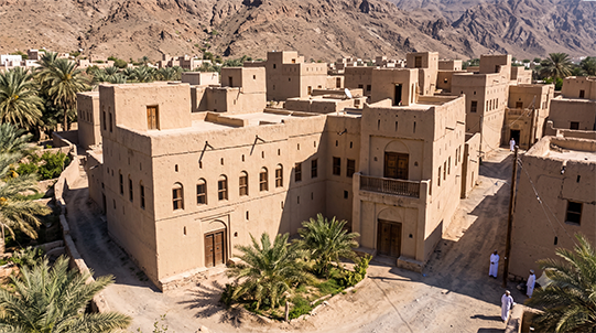 Mud-brick architecture and heritage details at Bait Al Safah, Al Hamra