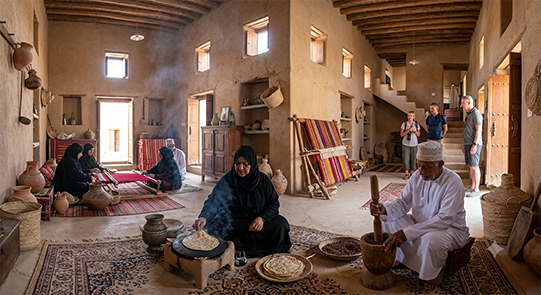 Omani woman preparing traditional bread inside Bait Al Safah