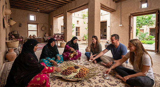 Omani women serving traditional cofee and dates inside Bait Al Safah