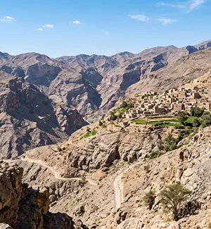 View across Wadi Bani Awf towards Bilad Sayt village in the Hajar Mountains