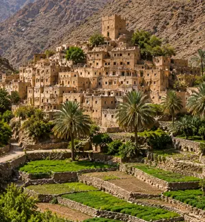 Terraced gardens and mud-brick houses of Bilad Sayt in Al Hajar Mountains