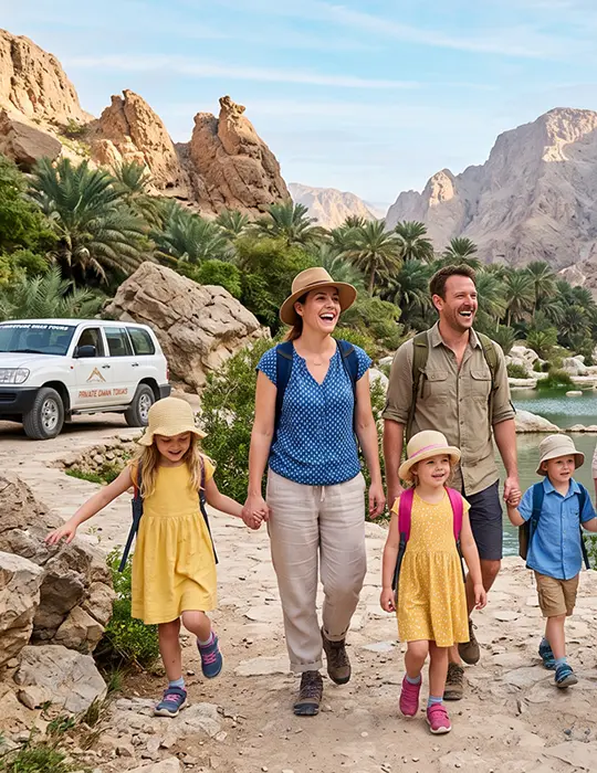 Family enjoying a flexible private Oman tour with a local guide