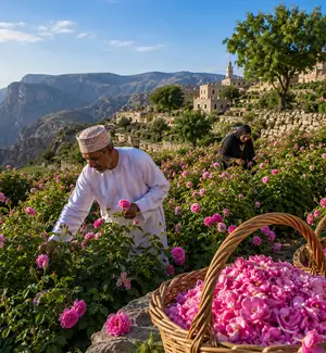 Damask rose bushes in bloom at Al Aqar during the harvesting season