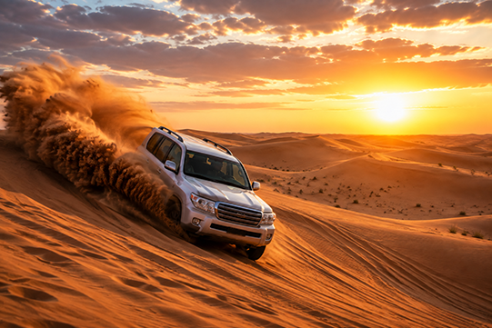 A 4x4 cresting a dune ridge in Wahiba Sands during a guided desert safari