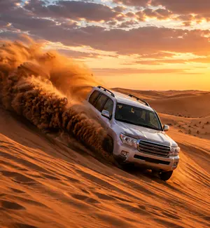 A 4x4 cresting a dune ridge in Wahiba Sands during a guided desert safari