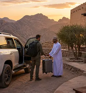 A 4WD vehicle climbing the rocky track towards Jebel Hat village in eastern Al Hamra