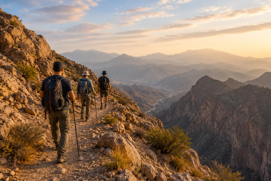 Guided group walking a ridge trail on Jebel Hat in Al Dakhiliyah, Oman