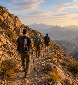 Guided group walking a ridge trail on Jebel Hat in Al Dakhiliyah, Oman