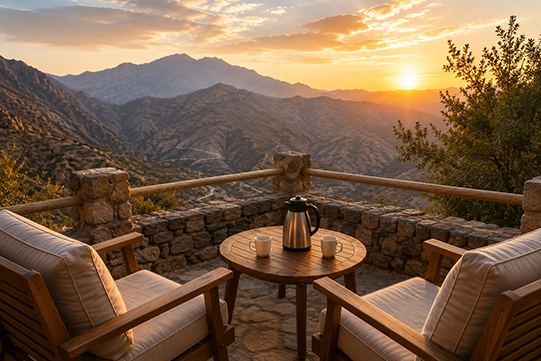 sun set view with chairs and cofee in Jebel Hat Mountain