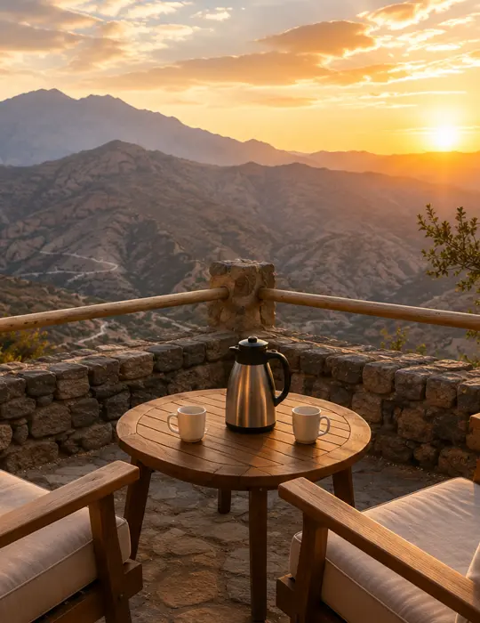 sun set view with chairs and cofee in Jebel Hat Mountain