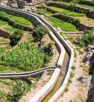 Falaj water channel running through Misfat Al Abriyyin terraces