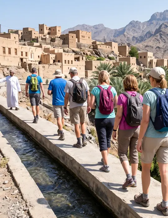Guests exploring the falaj walk in Misfat Al Abriyyin