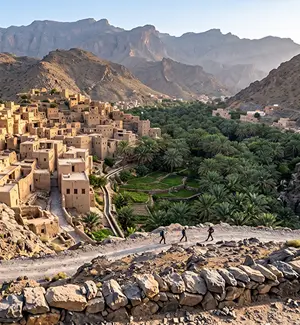 Scenic village approach to Misfat Al Abriyyin in Oman