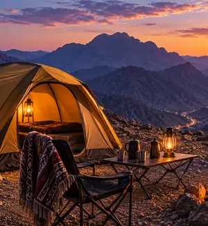 Camping gear and tent set up under the stars on Jebel Hat, Oman