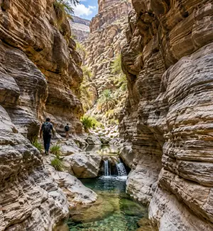 Narrow canyon walls and layered rock formations along the Wadi Damm hike