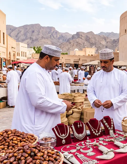 omani men and women purchasing items in nizwa souq