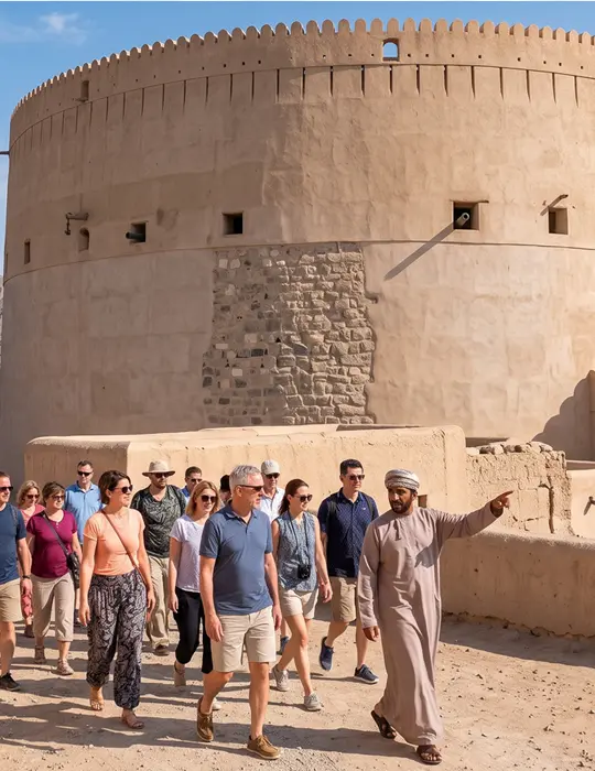 A guided group walking under the round tower of Nizwa Fort in Oman