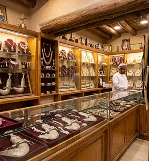 Silver khanjars displayed in a Nizwa Souq jewellery shop