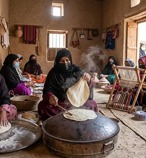 Traditional Omani women demonstrating bread-making and crafts