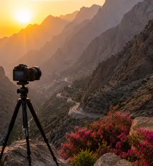 Classic Bilad Sayt photography viewpoint with green terraces in winter light