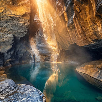 Turquoise pool inside a sunlit Omani canyon