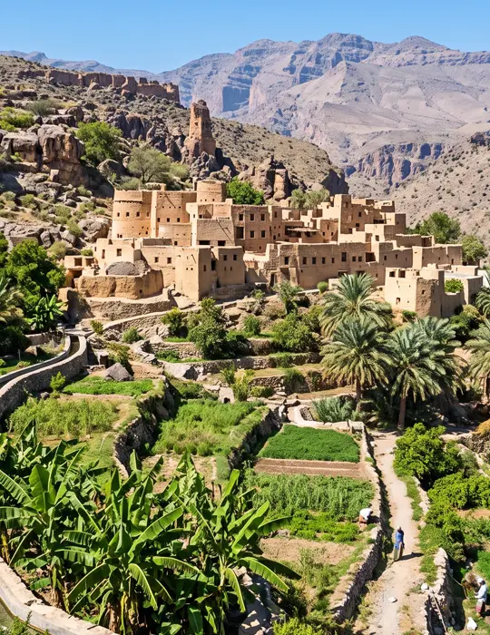 Terraced gardens and mountain village scenery in Misfat Al Abriyyin