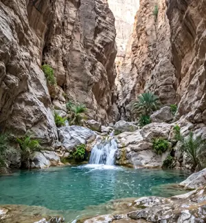 Turquoise canyon pool and small waterfall inside Wadi Al Nakhr, Oman