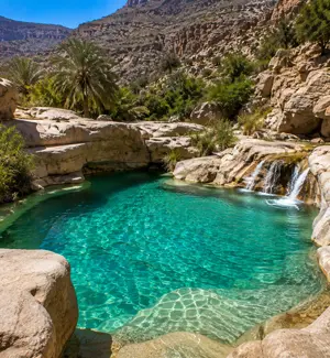 A natural turquoise swimming pool carved into the rock at Wadi Damm