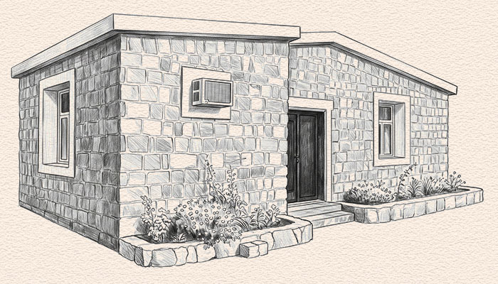 Pencil drawing of the stone-built Jebel Shams Villa and its planted borders