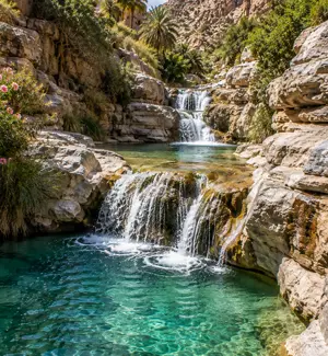 A small cascade flowing into the turquoise pools of Wadi Damm in the wetter months