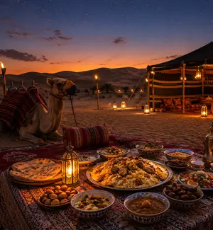 A traditional Omani dinner served at a desert camp near Bidiyah, Oman