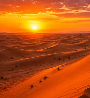 Sunset over the linear dunes of Wahiba Sands in Oman